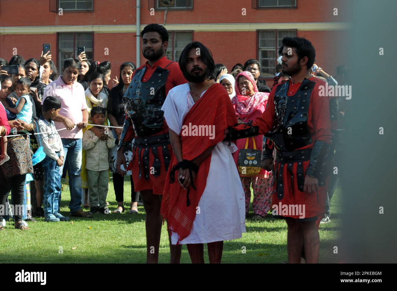 New Delhi, Delhi, India. 7th Apr, 2023. Christian devotees enact a scene of crucifixion of Jesus on the Cross, Christians Communty participating in procession are observing Good Friday during the Holy week (April 7), a day of great religious importance. It is observed to commemorate the death and resurrection of Jesus Christ. Good Friday is not celebrated but is a day of mourning for the Christian community, and it is recommended to not extend wishes to people like a ''˜Happy Good Friday'.Christian believers around the world mark the Holy Week of Easter in celebration of the crucifixion and Stock Photo