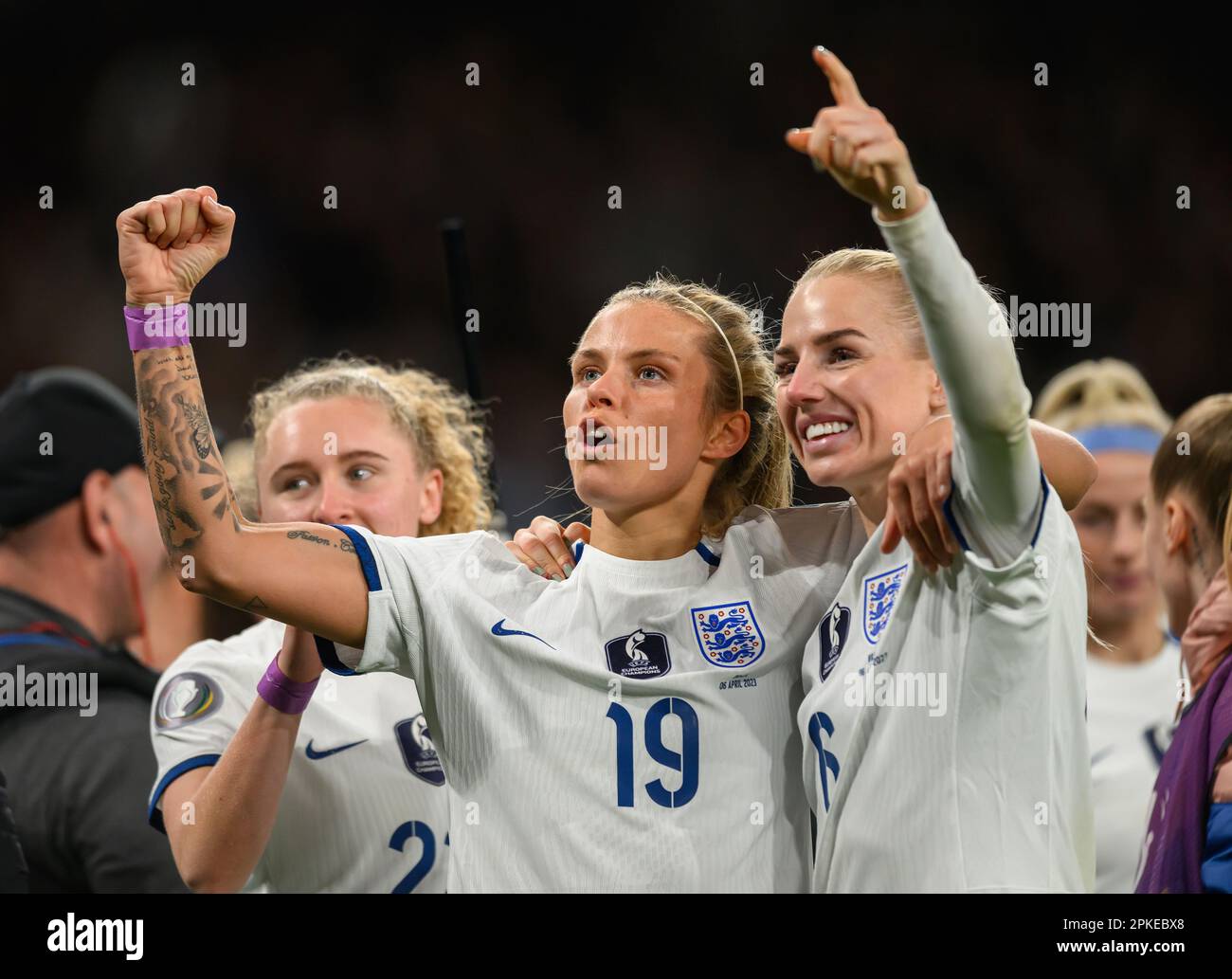 06 Apr 2023 - England v Brazil - Women’s Finalissima - Wembley Stadium  Rachel Daly and Alex Greenwood celebrate England winning the UEFA Women's Finalissima 2023 at Wembley as they beat Brazil 4-2 on penalties. Picture : Mark Pain / Alamy Live News Stock Photo