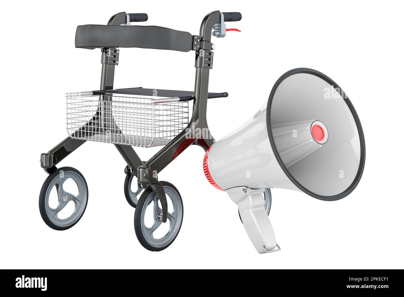 Rollator for elderly with megaphone, 3D rendering isolated on white background Stock Photo
