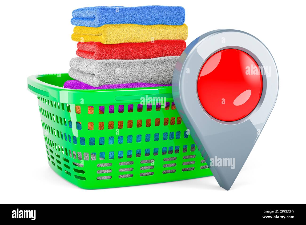 Laundry basket full of clean clothes with map pointer, 3D rendering