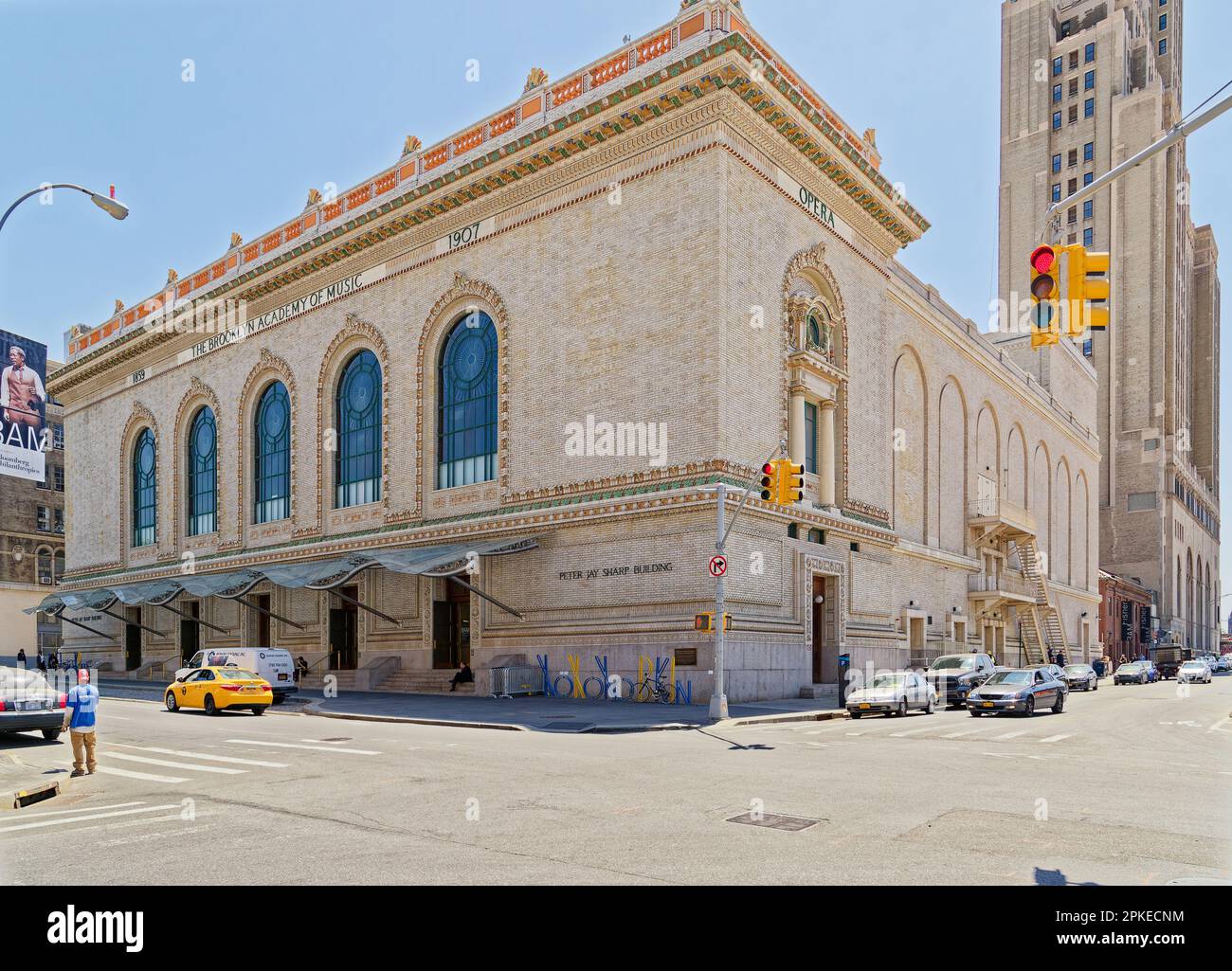 Brooklyn Academy of Music Peter Jay Sharp Building, is a Renaissance Revival style cultural center of brick and polychrome terra cotta. (NW corner) Stock Photo