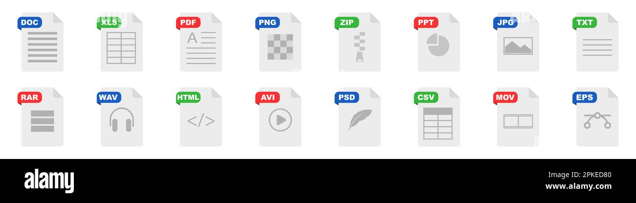 File type icons. Format and extension of documents. Set of pdf, doc, excel,  png, jpg, psd, gif, csv, xls, ppt, html, txt and others. Icons for download  on computer. Graphic templates for