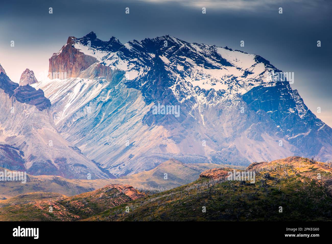 Torres del Paine, Chile. Cloudy weather austral landscape in Patagonia with Cuernos del Paine in South America. Stock Photo