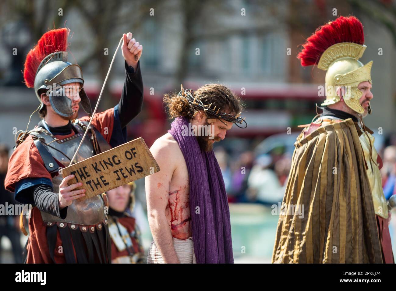 London, UK.  7 April 2023.  Secondary school teacher and trained actor Peter Bergin plays Jesus for the first time as The Wintershall Players perform “The Passion of Jesus”, which commemorates the day Jesus Christ was arrested, tried and crucified by the Romans before rising from the dead on Easter Sunday.  A cast of more than 100 actors and volunteers, as well as horses, donkeys and doves, bring the story to life in Trafalgar Square.  Last year, James Burke-Dunsmore stepped down after 24 years playing Jesus.  Credit: Stephen Chung / Alamy Live News Stock Photo