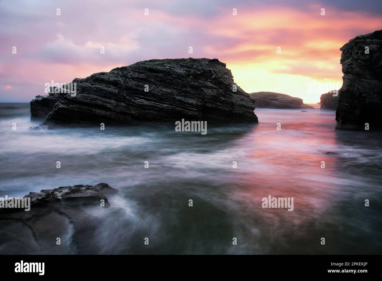 Rock formation at sunrise on Cathedrals Beach, Galicia, Spain Stock Photo