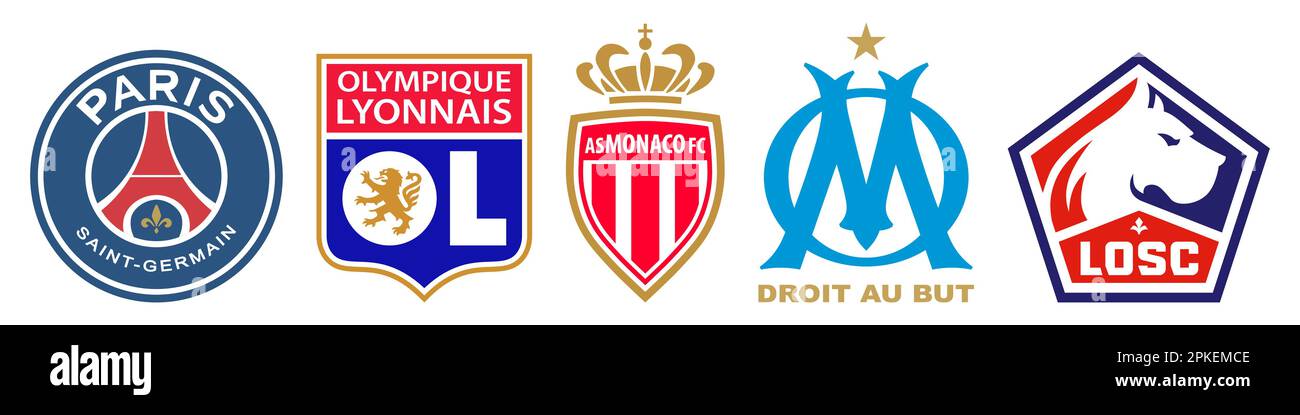 Vinnitsa, Ukraine - December 14, 2022: Football soccer. FC France League 1 top team club logo icon set. Stock Vector