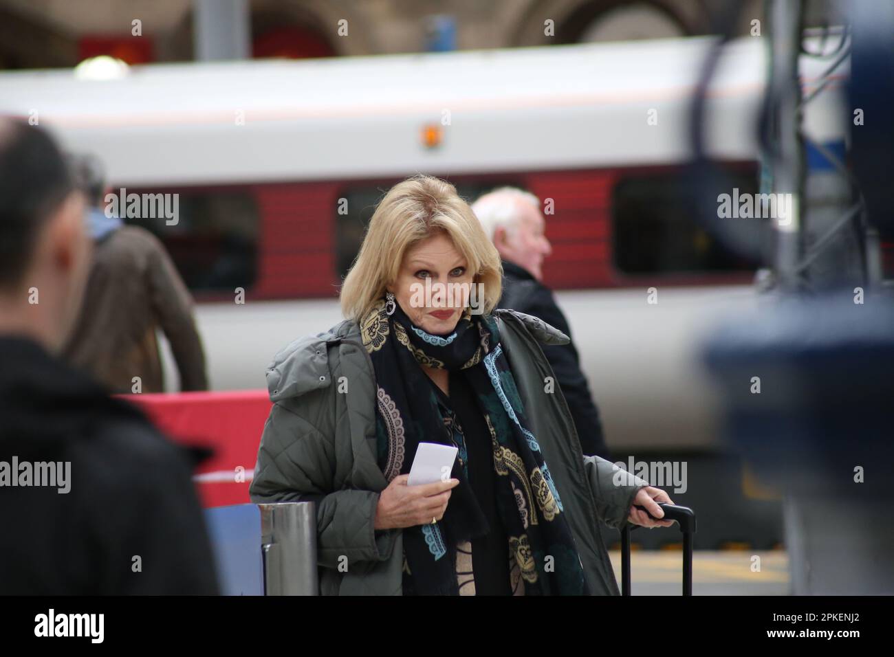 Newcastle upon Tyne, 7th April 2023, Dame Joanna Lumley seen at Newcastle train station, The British actress,  presenter, former model, author. Dame Joanna known for her TV roles as Patsy Stone in The Absolutely Fabulous, Purdey The New Avengers and Sapphire & Steel was visiting Gateshead near Newcastle upon Tyne for an exclusive Q&A about her life and career talking about her book 'A Queen for All Seasons' at the opening of British furniture retailer Barker and Stonehouse opens its new flagship store in Gateshead, Credit:DEW/Alamy Live News Stock Photo