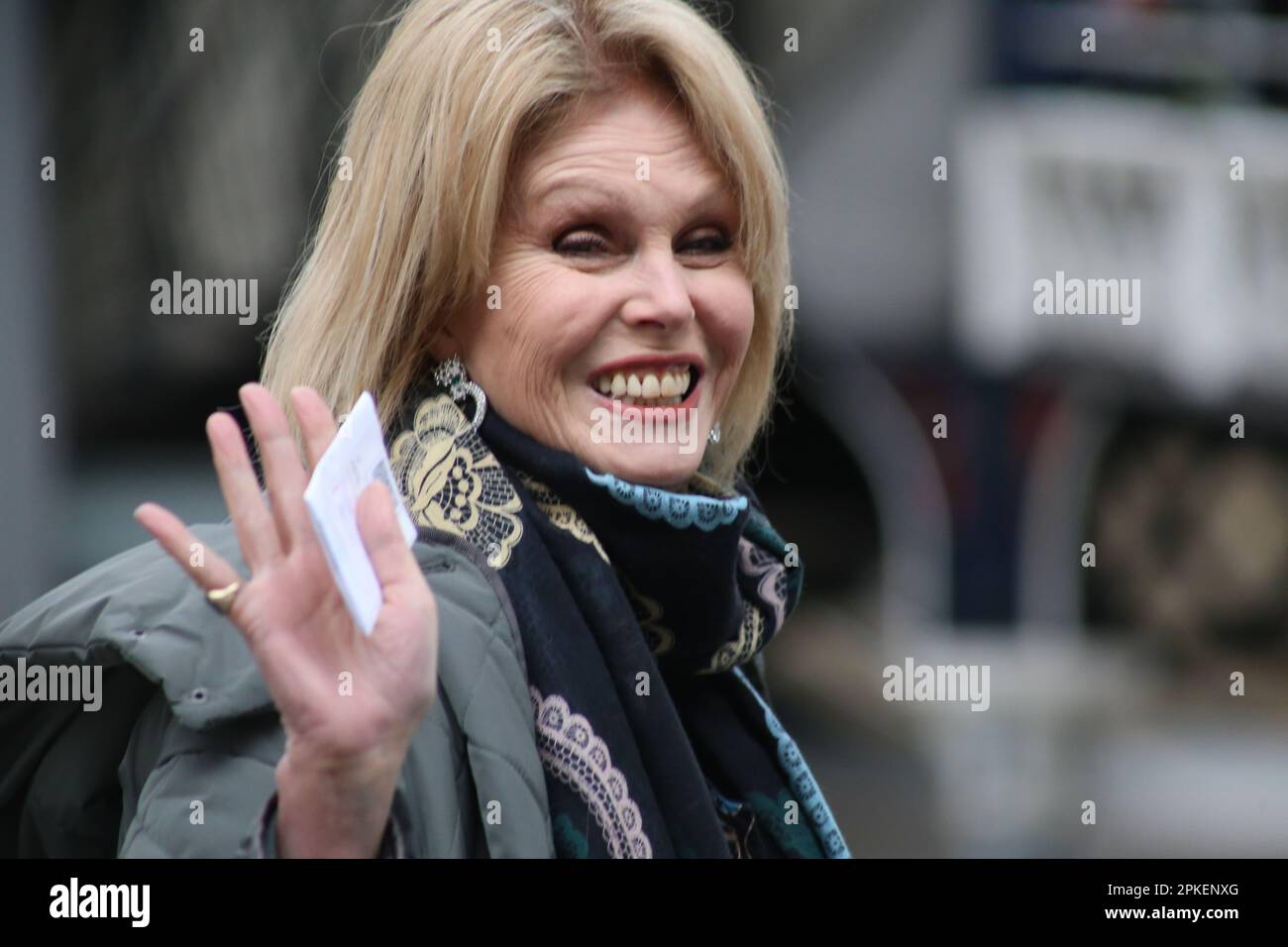 Newcastle upon Tyne, 7th April 2023, Dame Joanna Lumley seen at Newcastle train station, The British actress,  presenter, former model, author. Dame Joanna known for her TV roles as Patsy Stone in The Absolutely Fabulous, Purdey The New Avengers and Sapphire & Steel was visiting Gateshead near Newcastle upon Tyne for an exclusive Q&A about her life and career talking about her book 'A Queen for All Seasons' at the opening of British furniture retailer Barker and Stonehouse opens its new flagship store in Gateshead, Credit:DEW/Alamy Live News Stock Photo