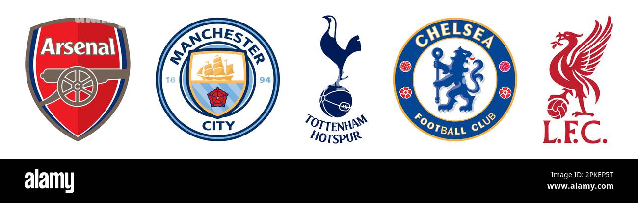 Vinnitsa, Ukraine - November 08, 2022: Football soccer Premier League clubs icons. Arsenal, Manchester City, Tottenham, Chelsea, Liverpool. Vector edi Stock Vector