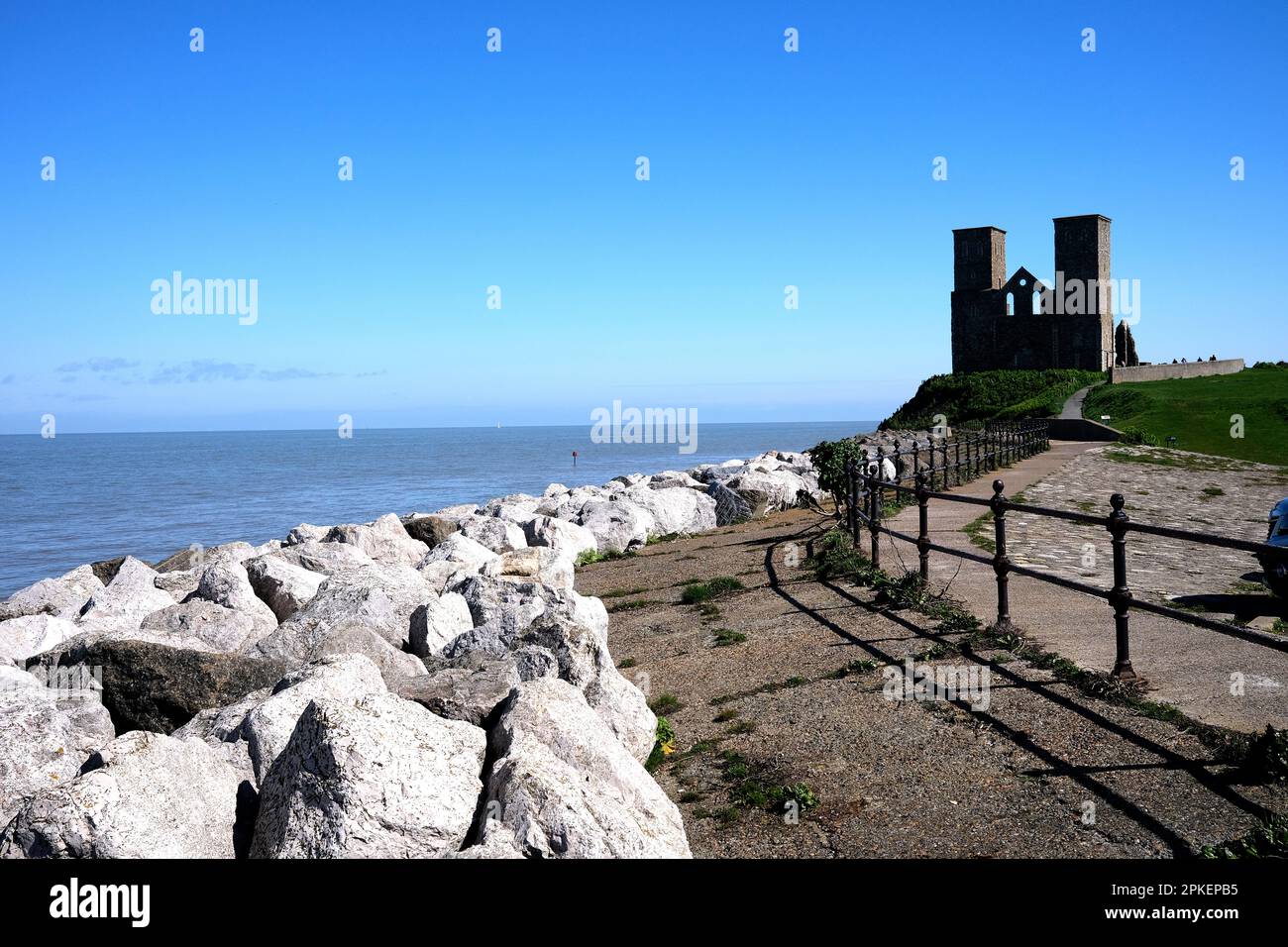 reculver bay also showing the twin towers ruined monastry in east kent,uk april 2023 Stock Photo