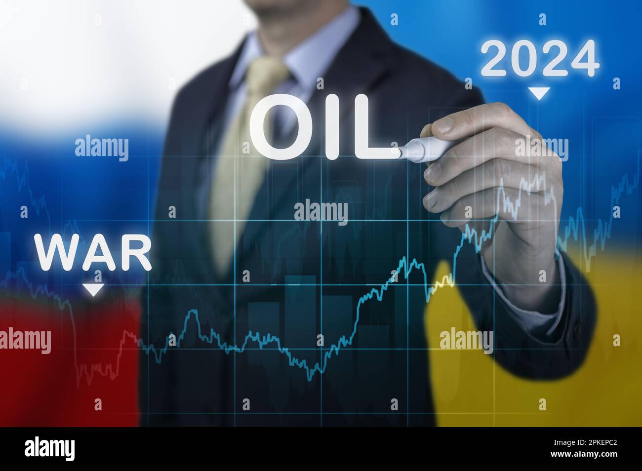 Rising oil costs in 2024 as result of Russia's war of Ukraine. Businessman pointing oil price growth in 2024 chart. sharp rise in oil prices as result Stock Photo