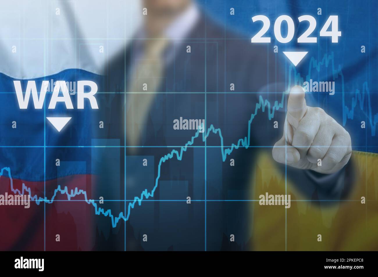 Economic recovery after war. Economic crisis that will affect world in 2024. Businessman pointing graph corporate future growth plan Stock Photo