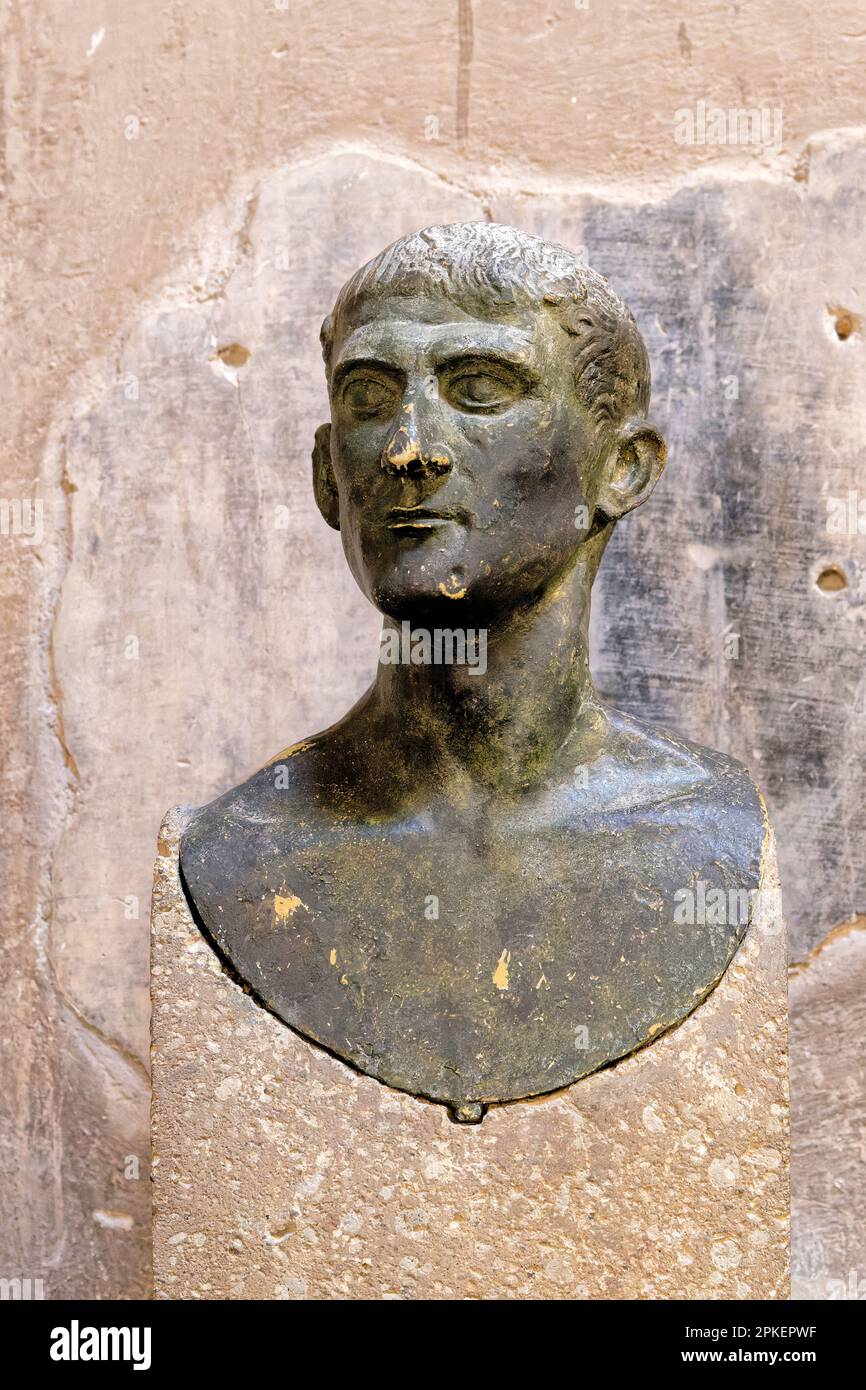 Bronze bust of Herm thought to be the owner of a house destroyed by Vesuvius in Herculaneum, Italy Stock Photo