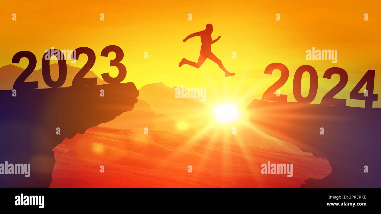 Silhouette man jump between 2023 and 2024 years over sun and through on