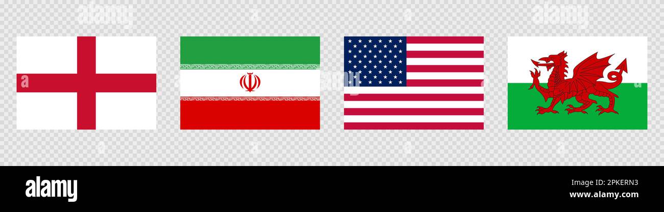 National flag set. England, Iran, Wales, United States Stock Vector