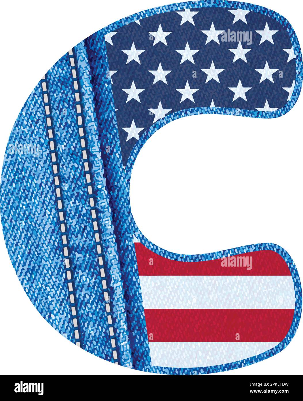 The letter C with the texture of blue denim fabric and US flag - The Monogram C with jean fabric and American flag- jean alphabet A to Z Stock Vector