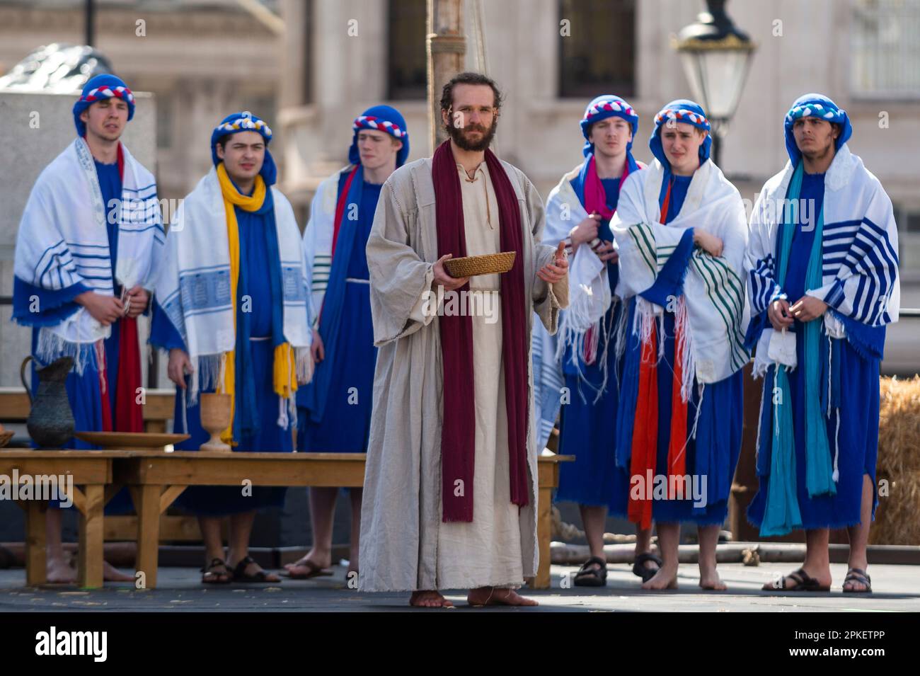 London, UK.  7 April 2023.  Secondary school teacher and trained actor Peter Bergin plays Jesus for the first time as The Wintershall Players perform “The Passion of Jesus”, which commemorates the day Jesus Christ was arrested, tried and crucified by the Romans before rising from the dead on Easter Sunday.  A cast of more than 100 actors and volunteers, as well as horses, donkeys and doves, bring the story to life in Trafalgar Square.  Last year, James Burke-Dunsmore stepped down after 24 years playing Jesus.  Credit: Stephen Chung / Alamy Live News Stock Photo