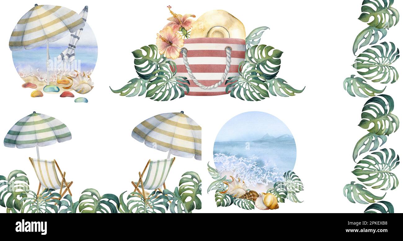 Hand drawn watercolor set of compositions. Beach accessories, sea sand ...