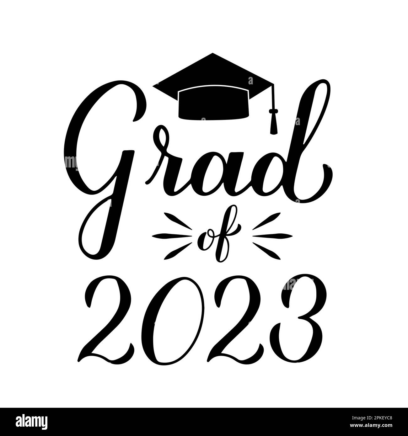 Grad of 2023 lettering with graduation cap isolated on white. Graduates class of 2023 typography