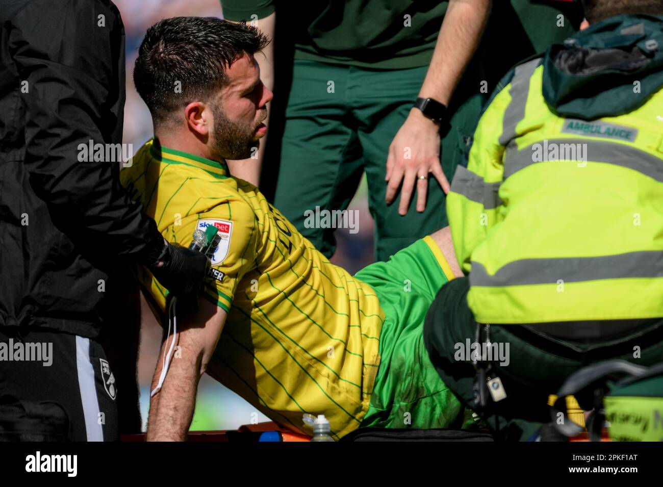 Grant Hanley #5 of Norwich City goes off injured during the Sky Bet Championship match Blackburn Rovers vs Norwich City at Ewood Park, Blackburn, United Kingdom, 7th April 2023  (Photo by Ben Roberts/News Images) Stock Photo