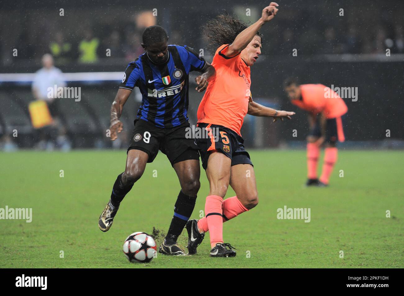 Milan, Italy, 16/09/2009 : Samuel Eto’o and Carles Puyol during the match Inter Barcelona Stock Photo