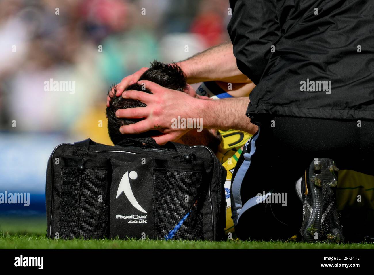 Grant Hanley #5 of Norwich City goes off injured during the Sky Bet Championship match Blackburn Rovers vs Norwich City at Ewood Park, Blackburn, United Kingdom, 7th April 2023  (Photo by Ben Roberts/News Images) Stock Photo