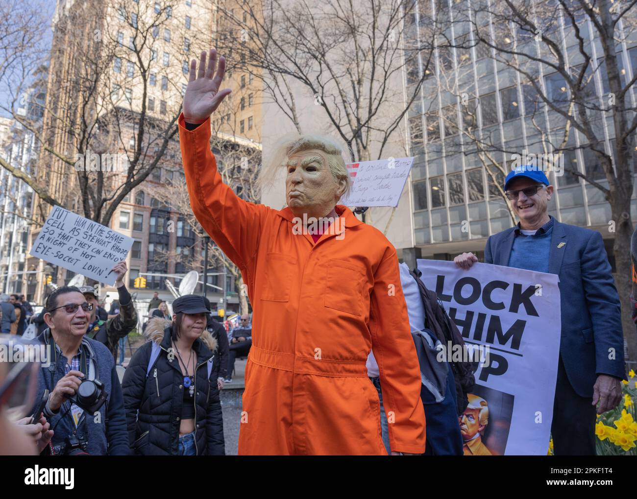 NEW YORK, N.Y. – April 4, 2023: Demonstrators are seen in Lower Manhattan before an arraignment hearing for former President Donald Trump. Stock Photo