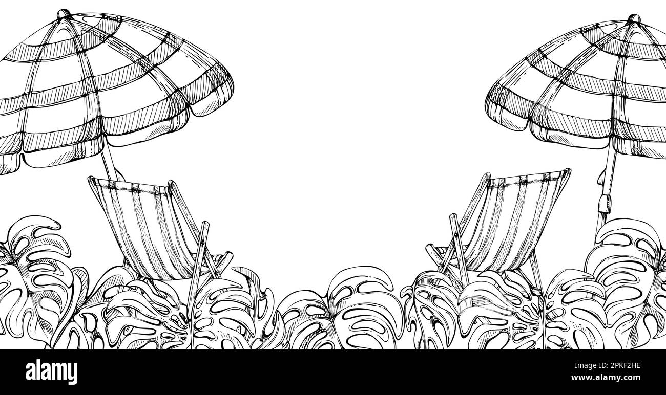 Hand drawn vector ink composition. Striped beach umbrellas, chairs and