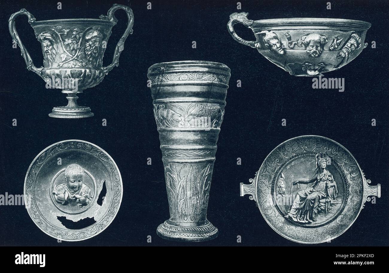 The silver hoard from Hildesheim – uncovered. In 1868. The original is in the Royal Museum in Berlin. The Hildesheim Treasure ranks among the biggest silver hoards from the period when the Roman Republic was being transformed into an empire. At the time of its discovery, the hoard consisted of around 70 valuable silver objects, most of which date to the 1st century AD. The hoard consists of about 70 exquisitely crafted solid silver vessels for eating and drinking. Stock Photo