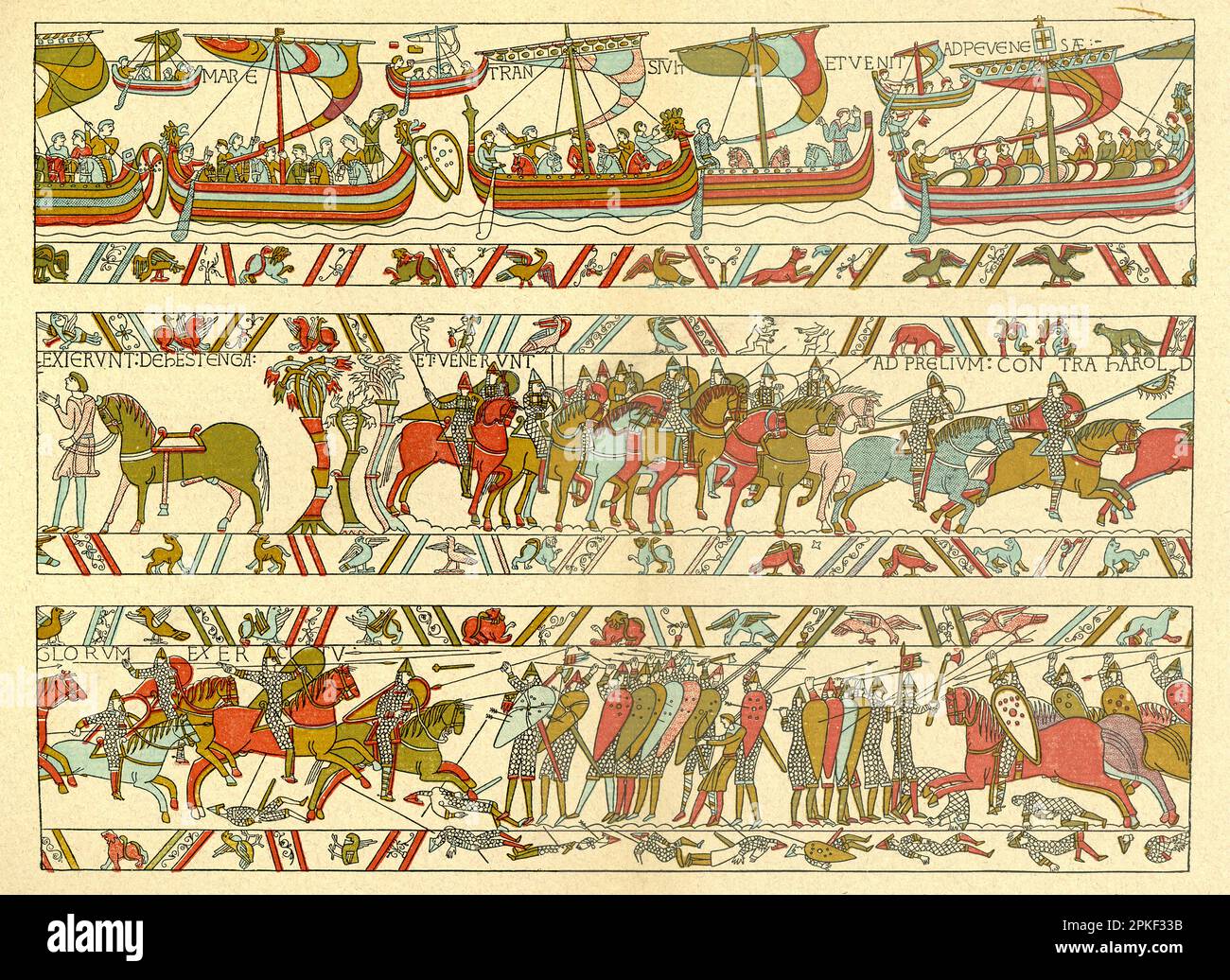 The Bayeux Tapestry is an embroidered cloth nearly 230 feet long and 20 inches tall that depicts the events leading up to the Norman conquest of England between William, Duke of Normandy and Harold, Earl of Wessex, later King of England. At the Battle of Hastings in 1066, William defeated Harold. It tells the story from the point of view of the conquering Normans, but is now agreed to have been made in England. Worked on coarse linen, it measures 230 feet by 20 inches. Its date is disputed. It is housed in the Bayeux Museum in Bayeux, France. Stock Photo