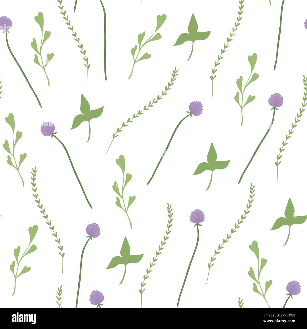 Purple flower with green branches and leaves minimalistic seamless ...