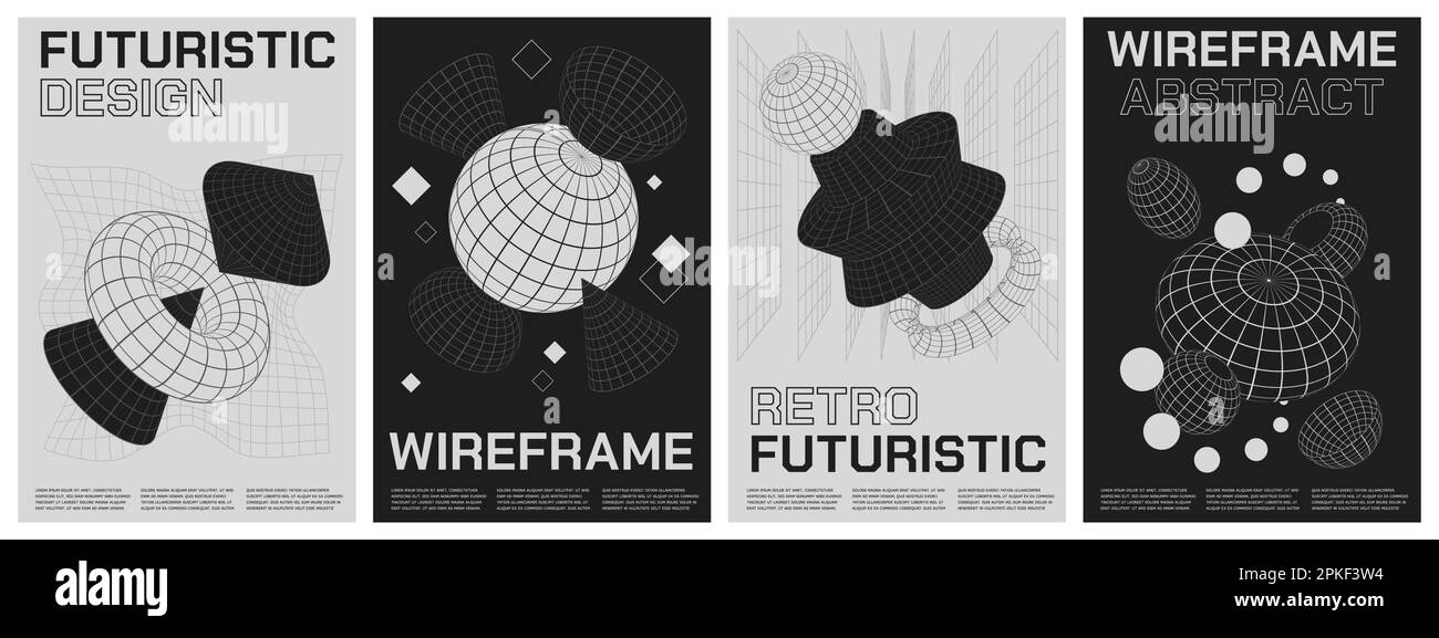 Modern wireframe posters. Retro futuristic modern grid shapes of different sizes, 80s and 90s geometric artwork. Vector brochures design mockup. Illus Stock Vector