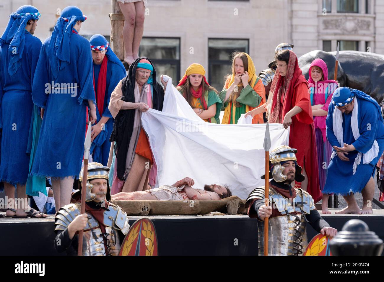 Members of Wintershall Passion company, perform their Passion Play to thousands of Christians in Trafalgar Square, on 7th April 2023, in London, England. Secondary School teacher and actor, Peter Bergin, plays the roll for the first time this year. Wintershall perform the Easter story of crucifixion and resurrestion every year in the heart of the capital, attracting over 20,000 spectators to its two free performances on Good Friday. Stock Photo