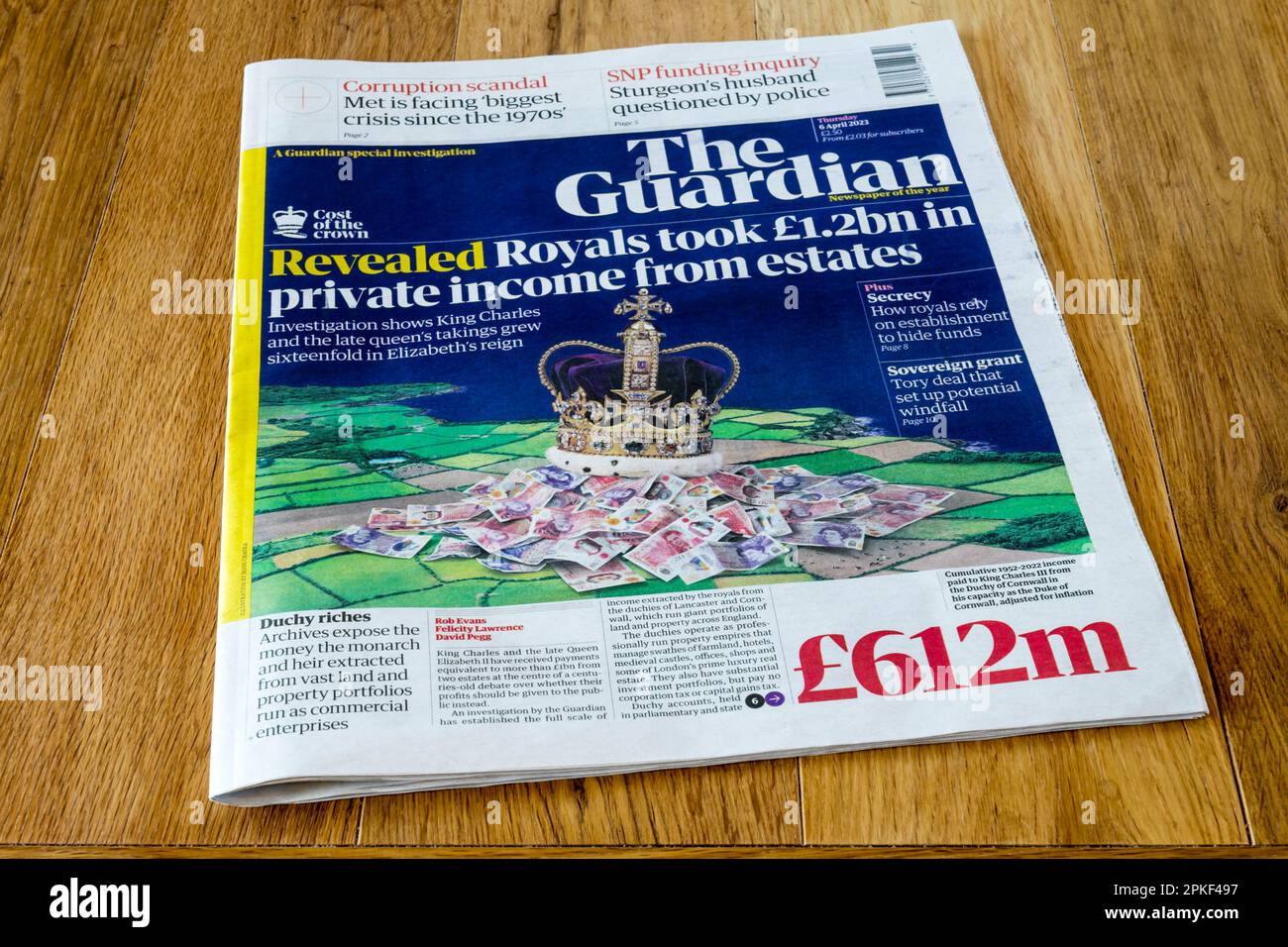 6 April 2023 front page of The Guardian reveals royal family took £1.2bn in private income from estates. Stock Photo