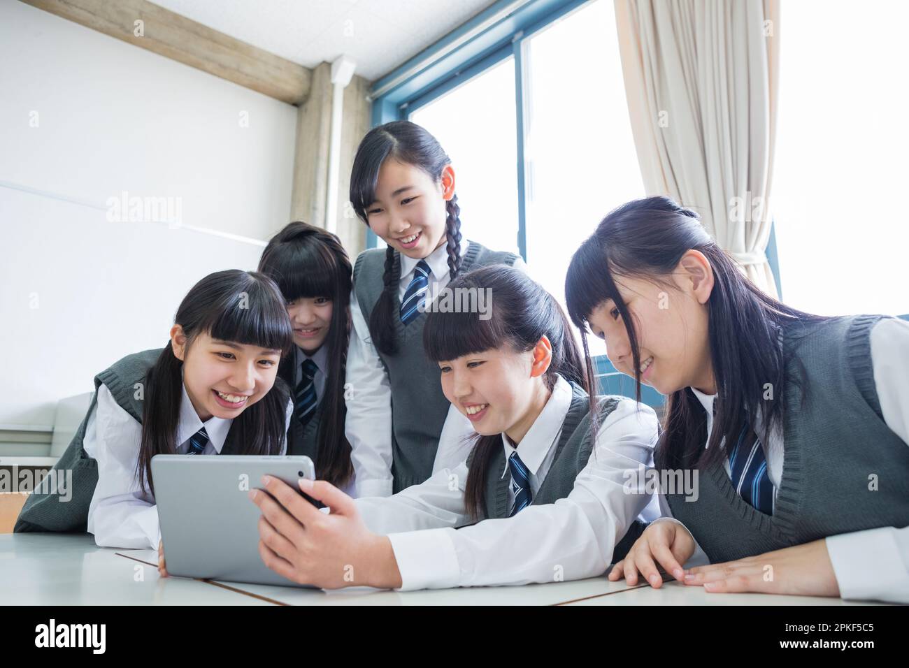 Junior high school girls doing group work Stock Photo - Alamy