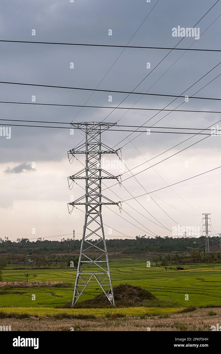 Electric power lines, electricity transmission towers Stock Photo Alamy