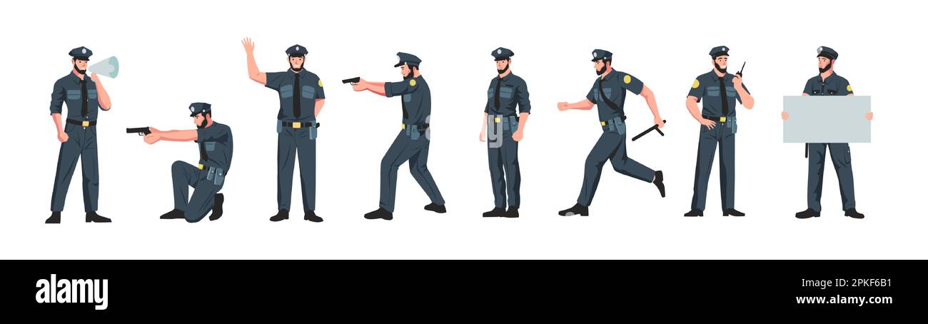 Policeman characters. Cartoon police officer in different poses, cartoon patrol cop and guard person in uniform doing security justice job. Vector set Stock Vector