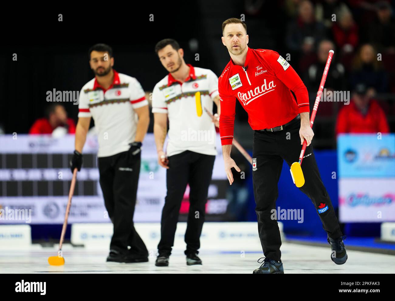 Canadian skip Brad Gushue watches his shot as they take on Turkey at the Mens World Curling Championship in Ottawa, Friday, April 7, 2023