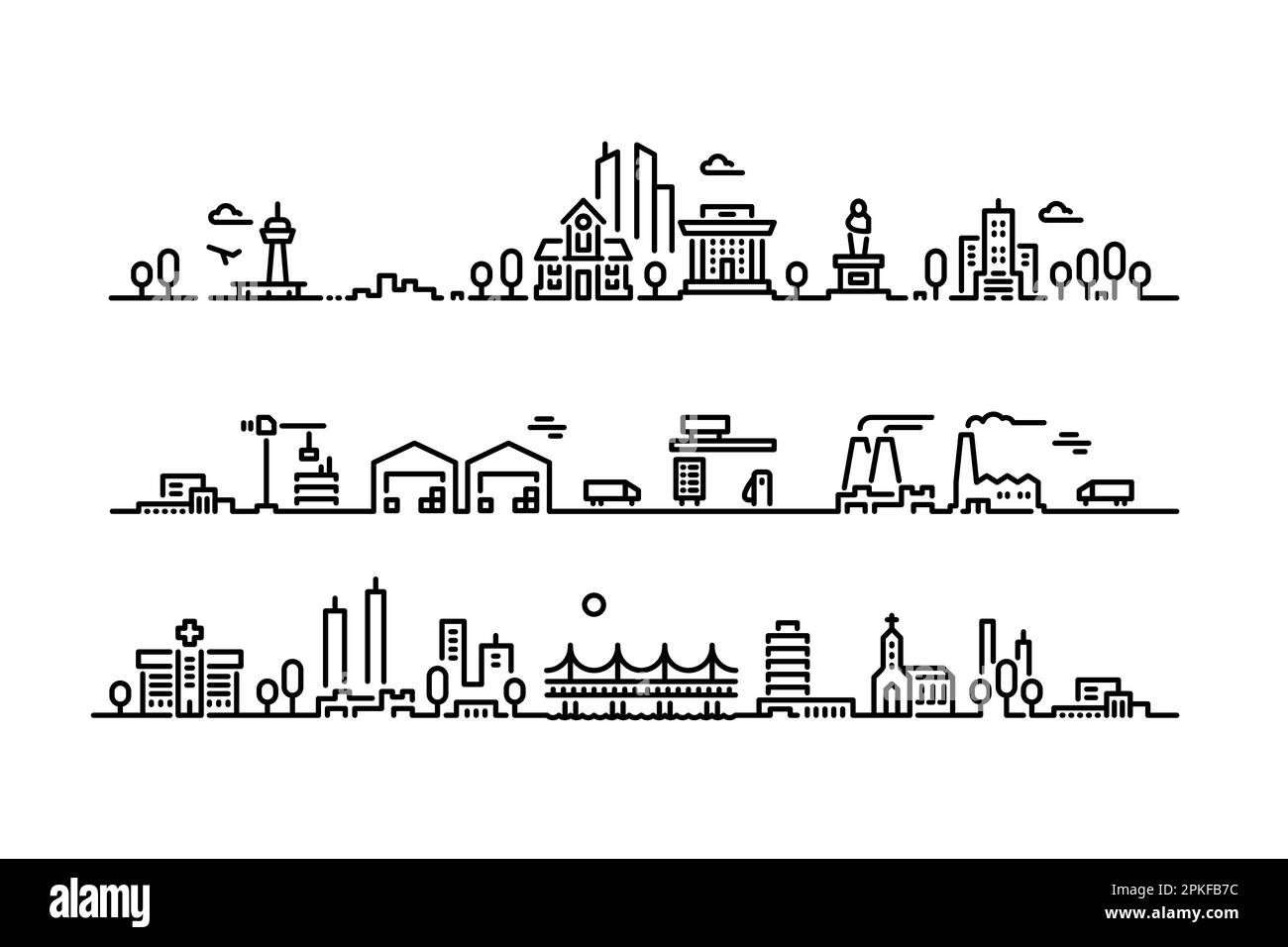 Line city panorama. Urban street plan with skyscrapers town buildings and real estate property, city landscape with high-rise constructions. Vector li Stock Vector