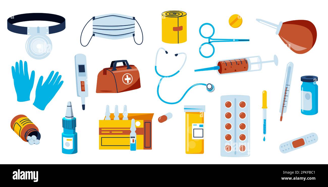 Doodle medical equipment. Cartoon pharmaceutical elements pills drugs