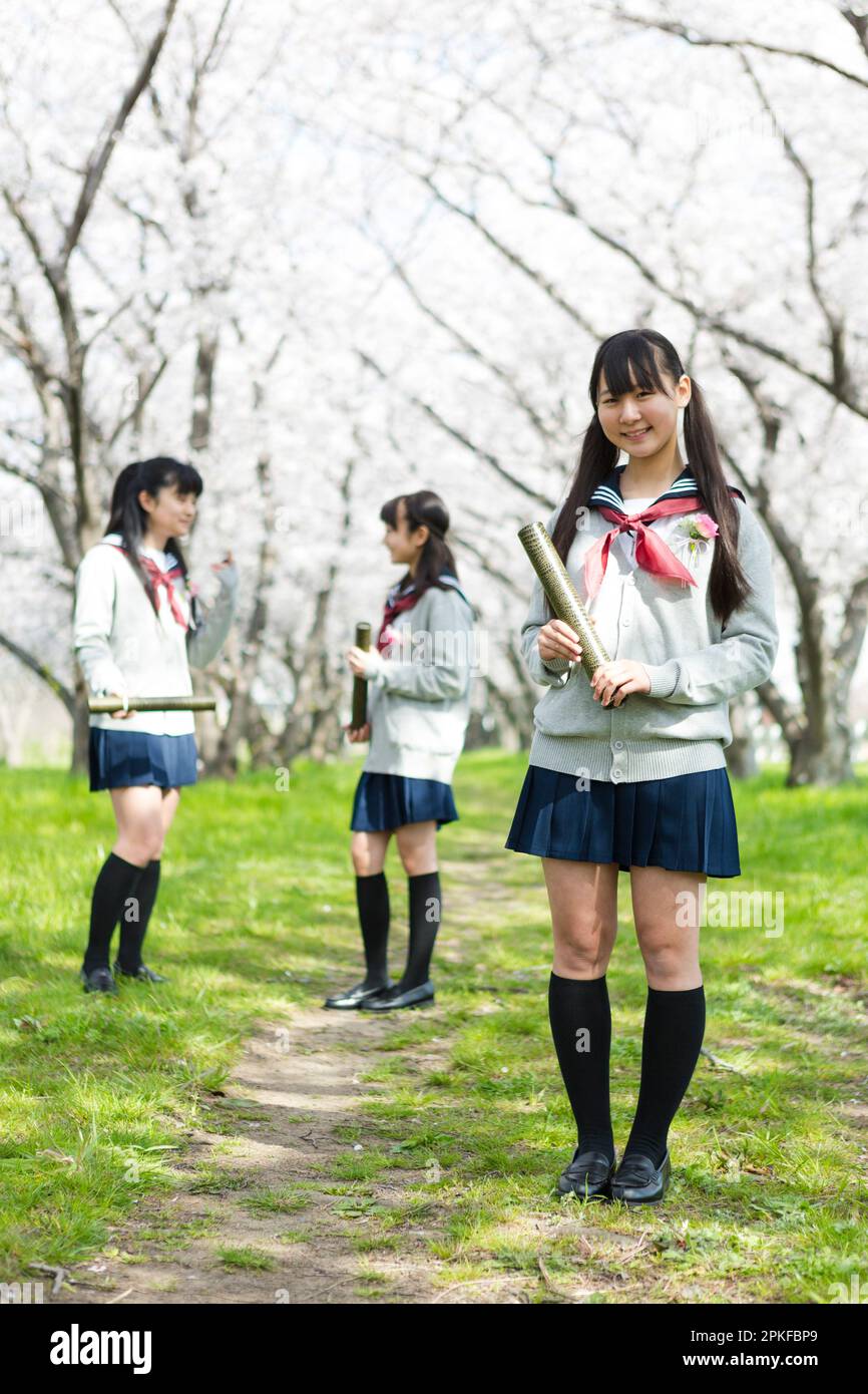Schoolgirl standing in a row of cherry blossom trees Stock Photo - Alamy