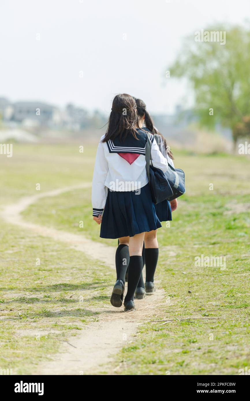 Schoolgirls walking single file Stock Photo Alamy