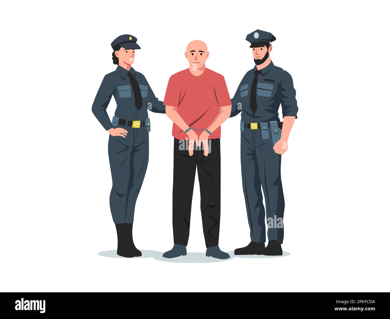 Police arrest. Policeman and policewoman arresting criminal with handcuffs, cartoon detective officers characters in uniform catched thief. Vector ill Stock Vector
