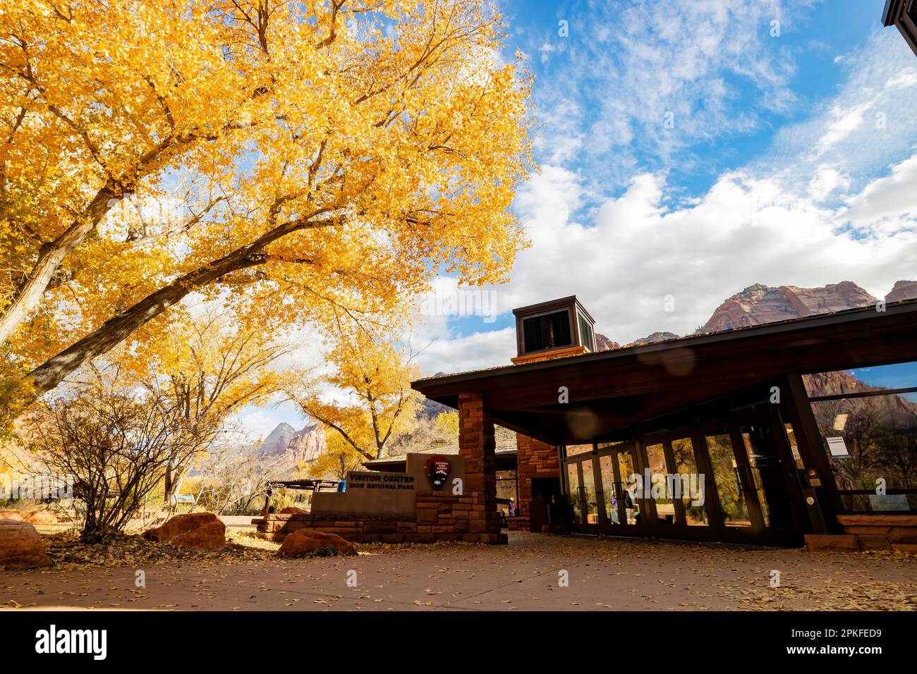 Utah, NOV 25 2015 - Sunny view of the autumn landscape with visitor center of Zion National Park Stock Photo