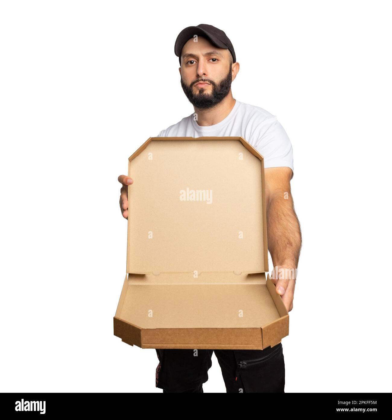 Open cardboard pizza box on white background Stock Photo - Alamy
