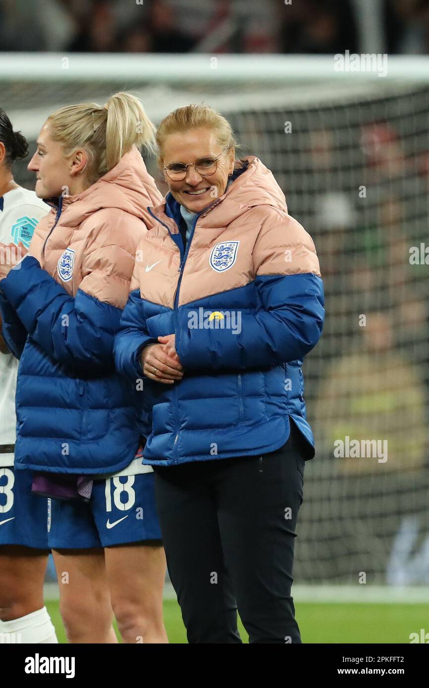 Wembley Stadium, London, UK. 6th Apr, 2023. Womens Finalissima Football, England versus Brazil; England manager Sarina Wiegman waiting for the medal ceremony Credit: Action Plus Sports/Alamy Live News Stock Photo