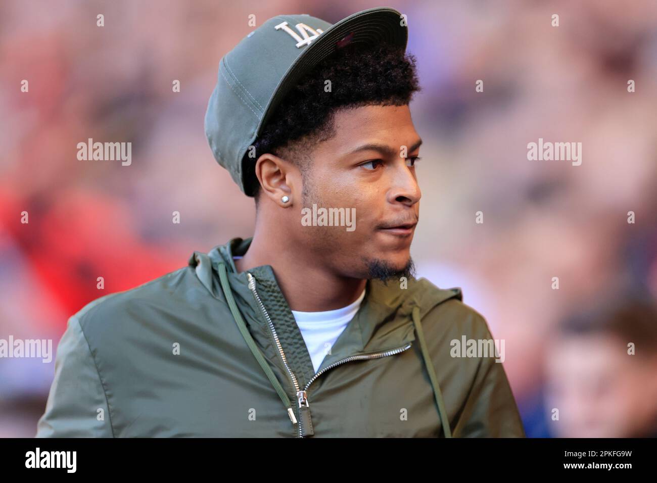 Rhian Brewster #7 of Sheffield United who was not involved in the squad for the Sky Bet Championship match Sheffield United vs Wigan Athletic at Bramall Lane, Sheffield, United Kingdom, 7th April 2023  (Photo by Conor Molloy/News Images) Stock Photo