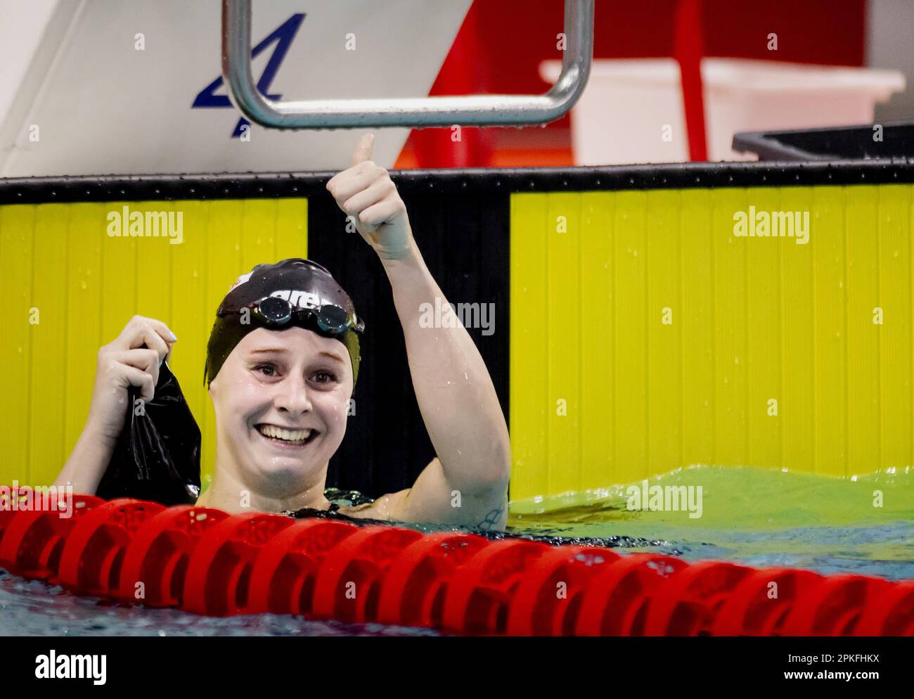 EINDHOVEN Tes Schouten reacts after the 200 meter breaststroke during