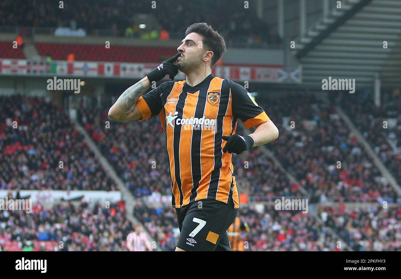Hull City's Ozan Tufan celebrates Hull City's opening goal during the Sky  Bet Championship match between Sunderland and Hull City at the Stadium Of  Light, Sunderland on Friday 7th April 2023. (Photo: