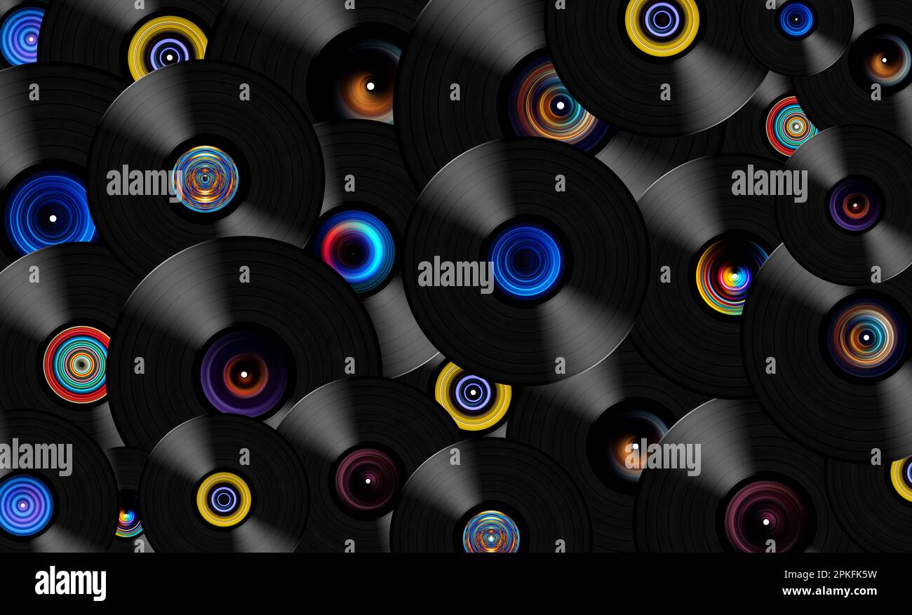 Vinyl records LP with graphics label, full background Stock Photo - Alamy